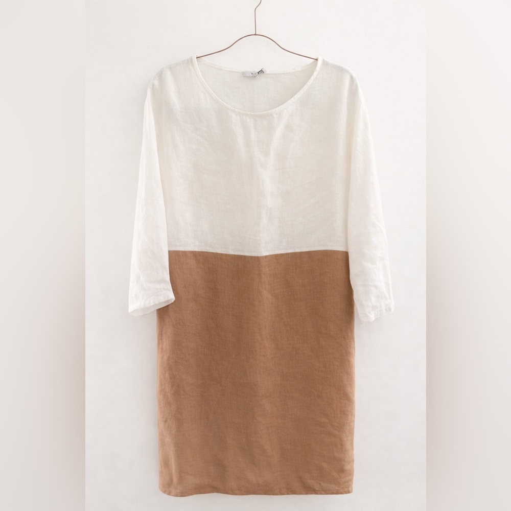 Vanessa Zani Two-Tone Linen Shift Dress in White and Camel
